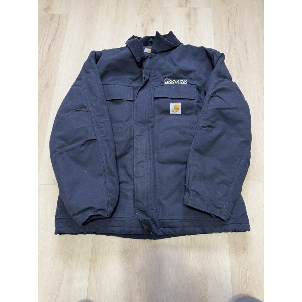 VTG Carhartt C003 Men's Navy Blue Canvas Work Coat w/Company Logo - Size Large